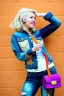 Placeholder: blonde taking selfie.thick thighs,thick calves,flat belly,curvy fell. NOVEL kind of bolero, which is sewed of recycled sliced Denim, which condescends with integrated bag[SIC]. It is sewed together of camouflage pieces, whose color are all denim colors, orange, cream, brown and purple. Big colored headphones (gold rings!) is merged with small felt cap with small visor. It is with big bright purple felt tippet and birght-colored-hood is merged with colorful beanie. Style: 1980's Finland