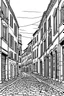 Placeholder: An image of a black and white line art vector illustration, depicting an old dowtown street in italy. The illustration should have clean lines and an overall minimalistic feel.