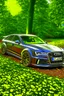 Placeholder: an Audi RS6 crashed around a tree, heavily damaged, split in half