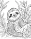 Placeholder: create a 2d black outline, "safari smiling cartoon sloth on a branch coloring book for kids", coloring page, low details design, black contour, coloring page design, simple background, colorful , card style, coloring page for kids, white background, sketch style, safari landscape, cartoon style