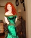 Placeholder: Busty princess with long auburn hair green eyes wearing a big dark teal green and gold satin ballgown corset off shoulder top casting magic full body and face