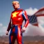 Placeholder: Realistic image of Donald trump super hero, retro style, watchmen style, red white blue colors, white stars, suspenders, latex material, 80s, vibrant color, highly detailed, sky background, concept art, unreal engine 5, god rays, ray tracing, RTX, lumen lighting, ultra detail, volumetric lighting, 3d, finely drawn, high definition, high resolution.