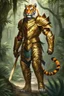 Placeholder: Full body excellent realistic portrait humanoid of tiger with golden armor,walking at jungle