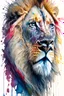 Placeholder: "lion", clean design, art station, splash of colorful paint, contour, ((solid white background)), gazing into camera, hyperdetailed intricately detailed, unreal engine, fantastical, intricate detail, splash screen, complementary colors, fantasy concept art, 8k resolution, DeviantArt masterpiece, watercolor, paint dripping