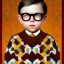 Placeholder: Peter Billingsley chubby kid Tortoise-shell glasses, grabbing a ((Dark red soap bar)) in his hand, brown argyle sweater