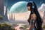 Placeholder: exotic slim sci-fi girl, with long dark hair with bangs, on an alien planet with cloud trees, tall spires, buildings, bridges, arches, photorealistic