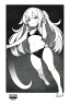 Placeholder: bikini long hair thin girl with leg in abyss pool, greyscale, tiny pose, screen tones