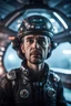 Placeholder: portrait of really scared captain on a misty catamaran dome modular house sub that looks like a dark twisted alien space ship with spotlights, in advanced hi tech dock, bokeh like f/0.8, tilt-shift lens 8k, high detail, smooth render, down-light, unreal engine, prize winning