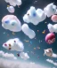 Placeholder: Ultra realistic speed clouds sky scene, wide angle view, sweet women falling down, Childs, feather inflatable color clothing, free jumping flying, many trinkets, hair monster, many jelly beans, balls, color smoke, smile, happy, circus style, extreme, wind, clouds sea, 20,000 feet altitude, stratosphere, soft color, highly detailed, unreal engine 5, ray tracing, RTX, lumen lighting, ultra detail, volumetric lighting, 3d, finely drawn, high definition, high resolution.