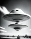 Placeholder: Design a retro futuristic, UFO hovering in a clear blue daytime, photorealism, surrealism, black and white photography, analog film, highly detailed