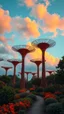 Placeholder: A garden of wired out of this world trees with light orange sky in style surreal