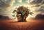 Placeholder: create a surreal image of a giant human head fused with the earth, surface made of dry cracked clay. A large tree grows through the hollow of the face, its branches spreading outward. The desert floor is ancient and textured, sky glows with soft sunlight and clouds. Poetic, mystical tone, ultra-detailed visual storytelling --v 7 --style raw --ar 3:4