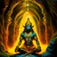 Placeholder: An oil painting of hindu god YAMA in a cave, neon gold colors, high detail eyes,