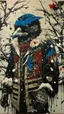 Placeholder: A contemporary serigraphy portrait by Kunisada of a crow adorned in a punk leather jacket within a snowy Christmas atmosphere.