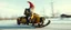 Placeholder: close up on gnome hit man with rocket boots in suit on a mech sled in winter wasteland, style of fallout 4, high speed with motion blur, on elevated road