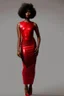 Placeholder: Portrait of a black woman wearing stylish red and silver dress.