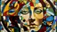 Placeholder: Abstract composition of a portrait of a woman inscribed in dynamic shapes, which form a kind of jigsaw puzzle of large circles and small colored diamonds that intersect. Suddenly, we discover the subject: the face of a woman who appears as if coming out of a stained glass window.