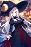 Placeholder: girl, masterpiece, best quality, cinematic lighting, detailed outfit, vibrant colors, perfect eyes, long hair, white hair, red eyes, witch outfit, smile, angry, landscape, town,