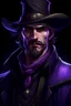 Placeholder: Cold long john silver from cowboy bebop anime wearing a dark purple shirt and black hat, standing still, d & d, fantasy, intricate, elegant, highly detailed, digital painting, artstation, concept art, matte, sharp focus, photo hyper realistic