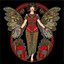 Placeholder: Full Body, Art Nouveau Woman With A Bob With A Fringe Hairstyle, Cleopatra Clothing, Steampunk Metal moth with red wings, Black Background