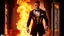 Placeholder: Hyper Realistic Photographic-Silhouette View of a handsome muscular Fire-Superhero wearing long-fancy-Maroon-tuxedo with-golden-flame-patterns on it & wearing fancy-red-sunglasses with flame-embers-around-him & standing on a vintage-crafted-balcony & maroon-open-fancy-windows & fancy-damask-wallpapers on walls at dark night showing dramatic & cinematic ambiance.