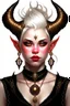 Placeholder: A young tiefling woman with a set of ram horns on her head encrusted with jewels, White-Blonde, short hair, black eyes, no pupils, dressed in white with lots of jewelry, beautiful, satanic tattoos on her neck, she looks like an angel