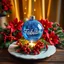 Placeholder: In this exquisite holiday scene, the focal point is a gleaming blue Christmas ornament inscribed with the name " Fabián " This magnificent ornament radiates light, standing out brilliantly among a vibrant arrangement of red poinsettias, clusters of red berries, and pine branches. The warm and inviting atmosphere is accentuated by the harmonious backdrop, which skillfully blends golden and dark hues. The ornament, displayed on a white plate and elegantly placed on a wooden surface, adds a touch o