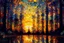 Placeholder: baroque style sunset in the forest, painting with kaleidoscopic touches, in the style of Claude Monet