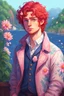 Placeholder: kind young sailor, man, red slightly curly hair, long jacket, pink-azure clothes, white floral pattern on the jacket, flower in the hair, stardew valley style