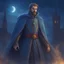 Placeholder: A blue transparent skin ghost spectre of European man short hair short beard wearing medieval noble aristocrat cloth at the midnight sky