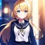 Placeholder: girl, masterpiece, best quality, volumetric lighting, detailed outfit, perfect eyes, long hair, golden hair, blue eyes, black stockings, school outfit, low ponytail,