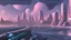 Placeholder: detailed alien cityscape, buildings with balconies, tracks, roads, paths, river, blue sky, white clouds