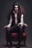 Placeholder: ragazzo vampiro di bellissimo aspetto giovane seduto su una poltrona con capelli lunghi stile realistico