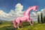 Placeholder: Big pink plastic toy horse.19th painting