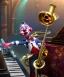 Placeholder: mechanoid clown playing jazz with a steampunk theme, trumpet, realistic