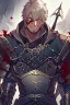 Placeholder: Armored male Knight by webtoon style there are lightning and blood spurts around the man his face pointed at the camera and with a serious look he lets his opponent know that it's his turn