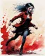 Placeholder: Petit girl goth, run pose, fullbody, splashes blood, behind guts rising from the ground, watercolor illustration by Bill Sienkiewicz and Jean Giraud Moebius, darkred tones,