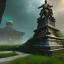 Placeholder: Monument, abandoned city centre, statue of human on top, look from distance, buildings visible whole statue, overgrown statue and monument, realistic, highly detailed