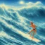 Placeholder: 1980's aesthetic vaporwave surfer on waves with palm trees