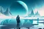 Placeholder: alien landscape with person seeing a grey exoplanet in the horizon, lagoon, ice blocks, sci-fi, concept art, cinematic, very epic