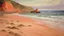Placeholder: A light rosy orange colored beach near a cove painted by Claude Monet