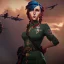 Placeholder: War propaganda of a temptress sexy patriotic female soldier in a skirt long blue braided hair wearing green w red lights full torso wearing medals and a biplane overhead flying in the background