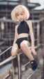 Placeholder: beautiful anorexic asian girl, total shot, shiny triathlon swimsuit, short blond wavy bob hair, blurred city background