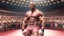 Placeholder: Highly detailed wide shot of Dwayne Johnson posing in a boxing ring, realistic, muscles, buff, flexing, pink, skirt, dress, eyebrows, large crowd