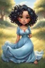 Placeholder: An airbrushed chibi black cartoon of a curvaceous woman with flowing of curly twisted of black hair that's highly detailed, wearing a light blue maxi dress. She sits relaxed on the grass facing the warm sunlight, which illuminates her face as she looks to the side with a small smile, accentuating her prominent makeup and brown eyes.