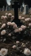 Placeholder: A grave in a field full of roses. Above the grave is a white lace scarf and a gun.cinematic