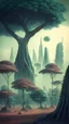 Placeholder: alien landscape with trees and buildings