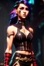 Placeholder: j.scott campbell, serena from mortal kombat, full head to toe portrait, lathe build, wearing black and red mini skirt, thigh high boots and crop top, big eyes, eyes are both in proportion, 3/4 look, long black hair with red streak, small up turned nose, large breasts, small waist, round butt, standing, dark cobblestone alley, one halo white light behind head, non photorealistic rendering