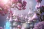 Placeholder: a magical crystal flower lys bougainvillier, blue gold house indian palace castle in the woods, magnolias pink,blue lake,sun,white swanns,pink vertical, blue lake,sharp, vines, candlelit, endor, ornate, elegant, highly detailed, artstation, concept art, smooth, sharp focus, illustration, 8k, splash art, wallpaper, key visual