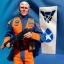 Placeholder: a large pile of Mike Pence G.I. Joe toy Doll spaceforce uniform, orange blue fabric, guns, wall packaging for sale, bright pricetag, finger, empty box